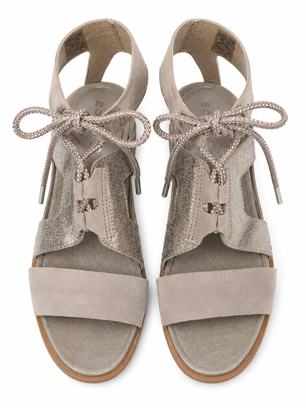 Sorel Joanie II Lace Wedge Sandals Womens‎ 10 Taupe Metallic Leather Platform